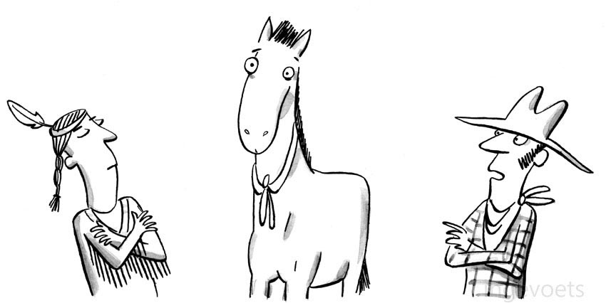 Zwartwit lijntekening gemaakt met oostindische inkt, grappige illustratie met indiaan, cowboy en paard.